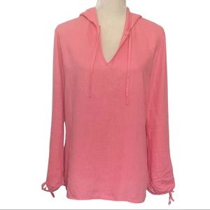 Mimi Maternity 100% Linen Coral Orange Tunic Maternity Top with Hoodie sz Medium